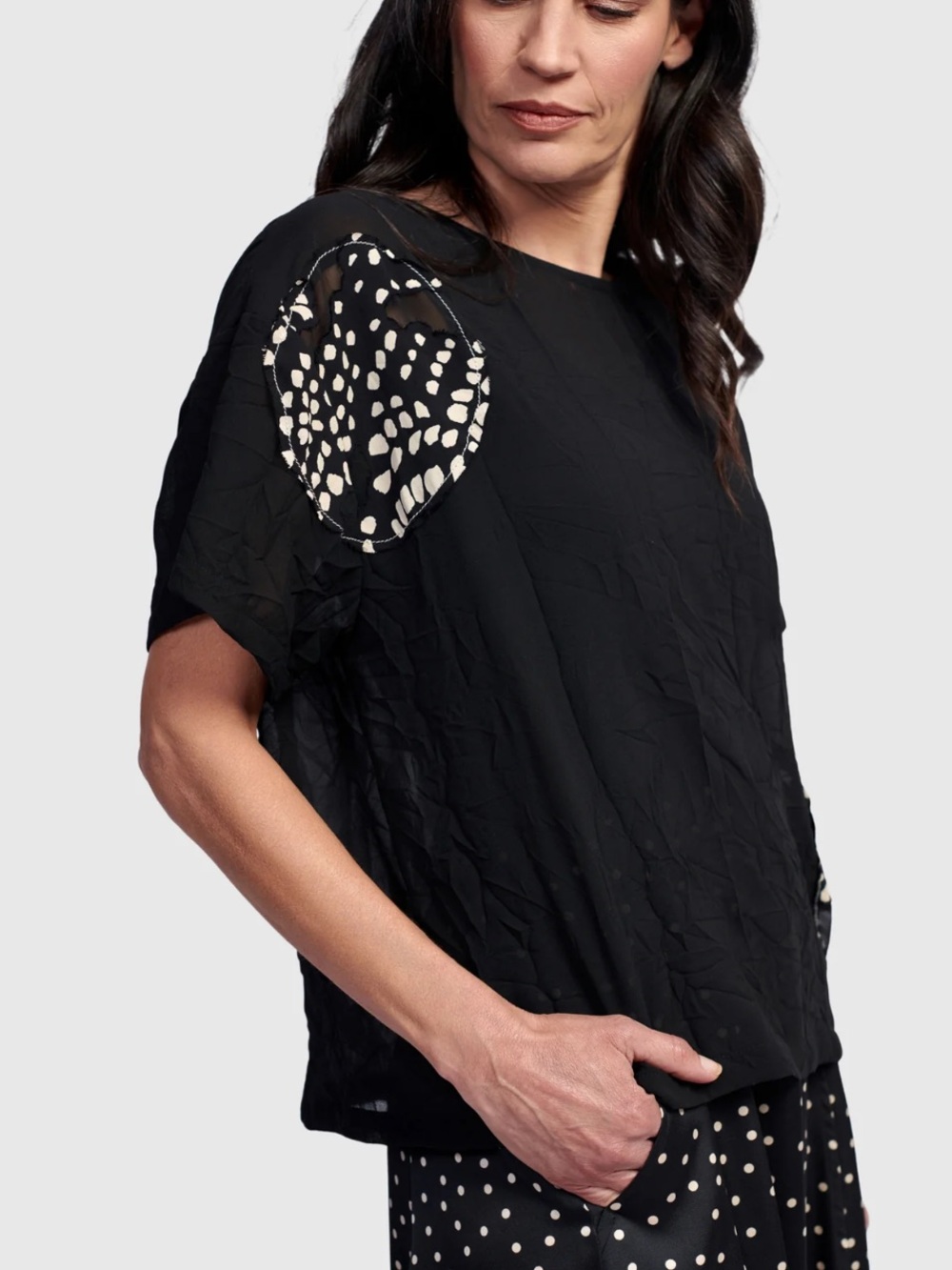 ALEMBIKA After Dark  Black Short Sleeve Top with Cream Polka Dot Sleeve XL